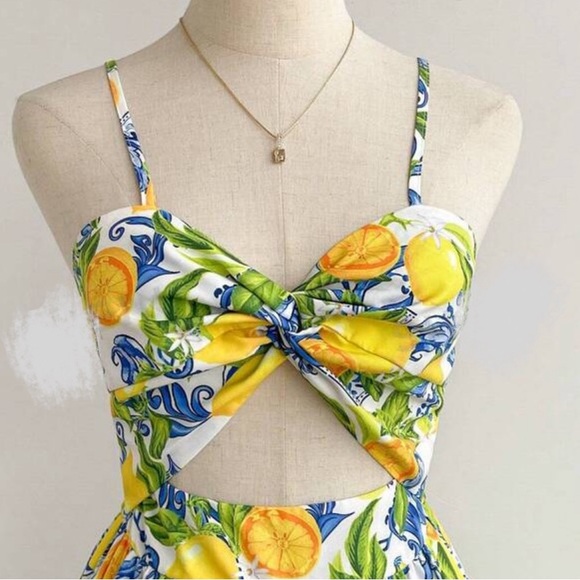 Boho Lemon Print Bandeau Smocked Cut Out Cami Tank Top Midi Dress Yellow - Picture 2 of 6